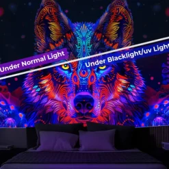 Blacklight Tapestry UV Reactive Glow in the Dark Glow Party Neon Deer Animals Psychedelic Trippy Misty Hanging Tapestry Wall Art Mural for Living