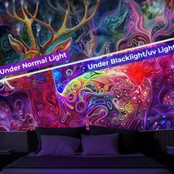Blacklight Tapestry UV Reactive Glow in the Dark Glow Party Neon Deer Animals Psychedelic Trippy Misty Hanging Tapestry Wall Art Mural for Living