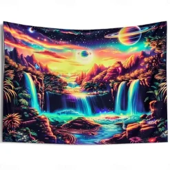 Blacklight Tapestry UV Reactive Glow in the Dark Glow Party Neon Fantasy Waterfall Rainbow Psychedelic Trippy Misty Hanging Tapestry Wall Art Mural for Living Room Bedroom