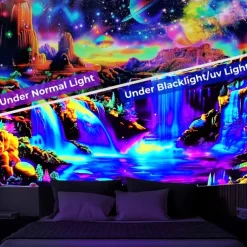 Blacklight Tapestry UV Reactive Glow in the Dark Glow Party Neon Fantasy Waterfall Rainbow Psychedelic Trippy Misty Hanging Tapestry Wall Art Mural for Living Room Bedroom