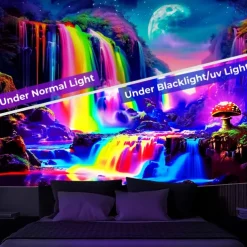 Blacklight Tapestry UV Reactive Glow in the Dark Glow Party Neon Fantasy Waterfall Rainbow Psychedelic Trippy Misty Hanging Tapestry Wall Art Mural for Living Room Bedroom