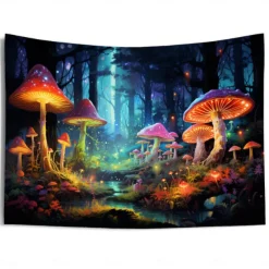 Blacklight Tapestry UV Reactive Glow in the Dark Glow Party Neon Mushroom Forest Psychedelic Trippy Misty Hanging Tapestry Wall Art Mural for Living