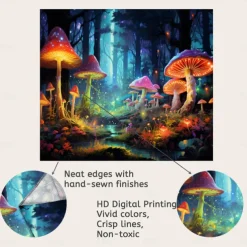 Blacklight Tapestry UV Reactive Glow in the Dark Glow Party Neon Mushroom Forest Psychedelic Trippy Misty Hanging Tapestry Wall Art Mural for Living
