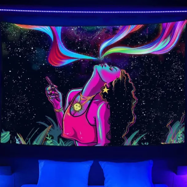 Blacklight Tapestry UV Reactive Glow in the Dark Glow Party Neon Girl Psychedelic Trippy Misty Hanging Tapestry Wall Art Mural for Living Room Bedroom