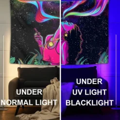 Blacklight Tapestry UV Reactive Glow in the Dark Glow Party Neon Girl Psychedelic Trippy Misty Hanging Tapestry Wall Art Mural for Living Room Bedroom