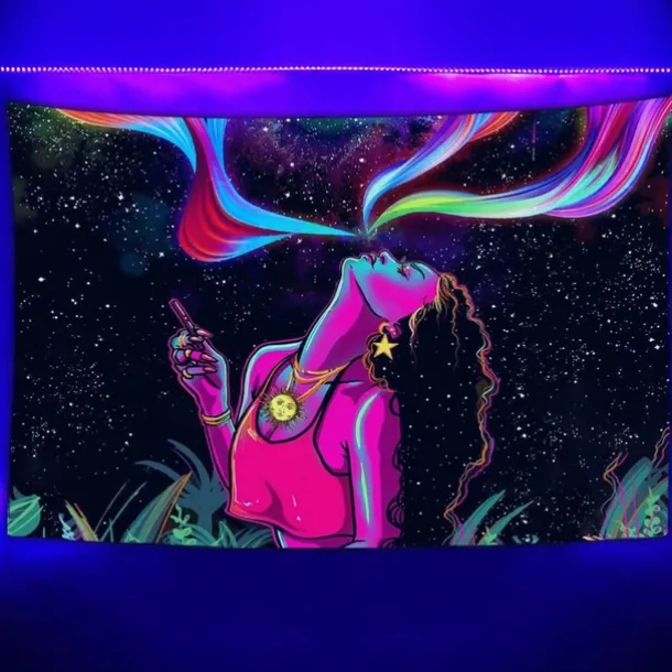 Blacklight Tapestry UV Reactive Glow in the Dark Glow Party Neon Girl Psychedelic Trippy Misty Hanging Tapestry Wall Art Mural for Living Room Bedroom