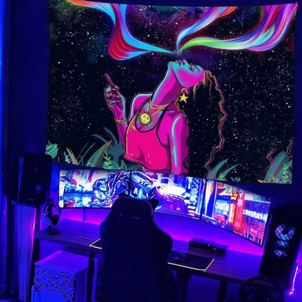 Blacklight Tapestry UV Reactive Glow in the Dark Glow Party Neon Girl Psychedelic Trippy Misty Hanging Tapestry Wall Art Mural for Living Room Bedroom