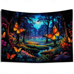 Blacklight Tapestry UV Reactive Glow in the Dark Glow Party Neon Butterflies Forest Trippy Misty Hanging Tapestry Wall Art Mural for Living Room Bedroom