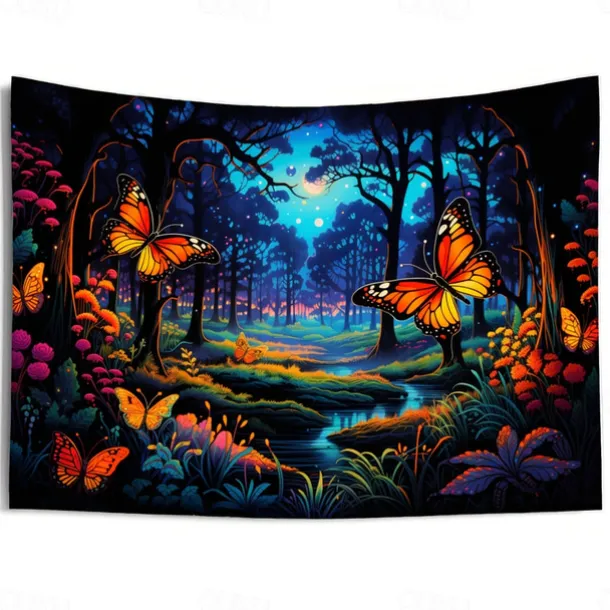 Blacklight Tapestry UV Reactive Glow in the Dark Glow Party Neon Butterflies Forest Trippy Misty Hanging Tapestry Wall Art Mural for Living Room Bedroom
