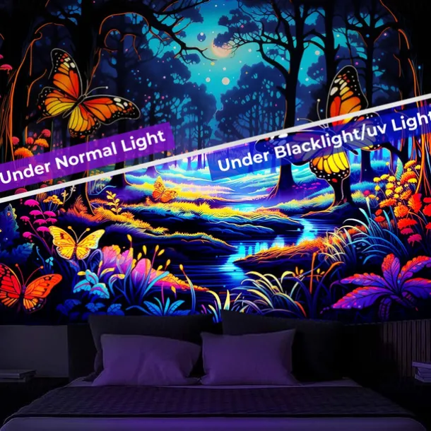 Blacklight Tapestry UV Reactive Glow in the Dark Glow Party Neon Butterflies Forest Trippy Misty Hanging Tapestry Wall Art Mural for Living Room Bedroom