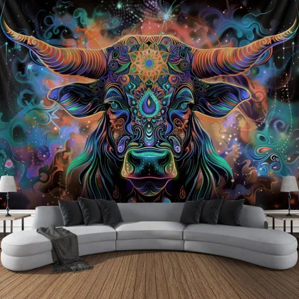 Blacklight Tapestry UV Reactive Glow in the Dark Glow Party Neon Bull Animal Psychedelic Trippy Misty Hanging Tapestry Wall Art Mural for Living Room Bedroom