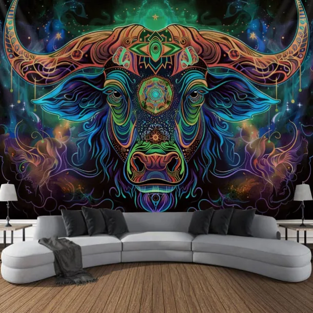 Blacklight Tapestry UV Reactive Glow in the Dark Glow Party Neon Bull Animal Psychedelic Trippy Misty Hanging Tapestry Wall Art Mural for Living Room Bedroom