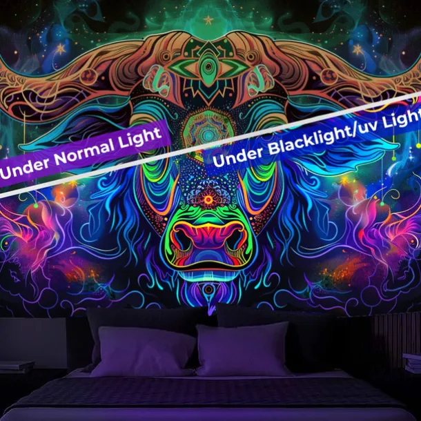 Blacklight Tapestry UV Reactive Glow in the Dark Glow Party Neon Bull Animal Psychedelic Trippy Misty Hanging Tapestry Wall Art Mural for Living Room Bedroom