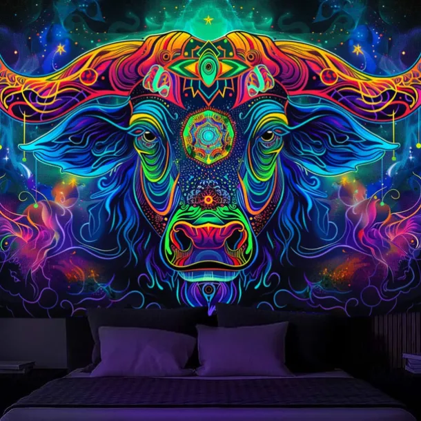 Blacklight Tapestry UV Reactive Glow in the Dark Glow Party Neon Bull Animal Psychedelic Trippy Misty Hanging Tapestry Wall Art Mural for Living Room Bedroom