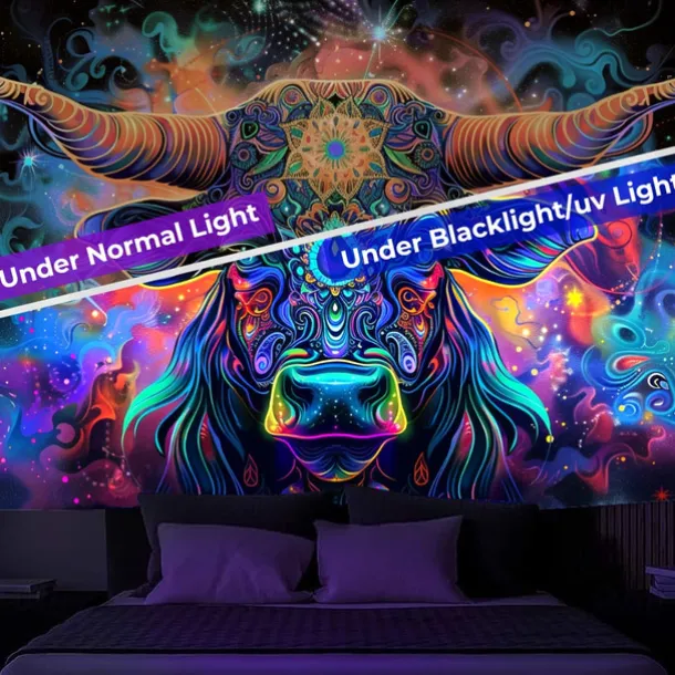 Blacklight Tapestry UV Reactive Glow in the Dark Glow Party Neon Bull Animal Psychedelic Trippy Misty Hanging Tapestry Wall Art Mural for Living Room Bedroom