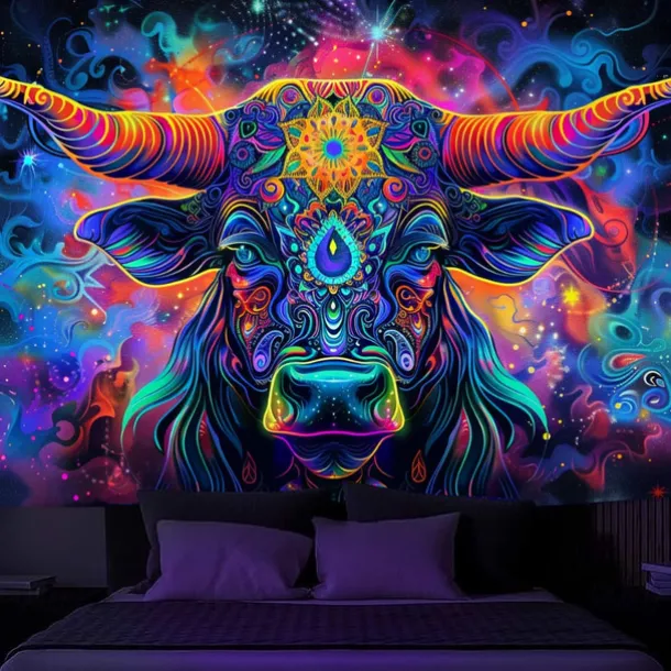 Blacklight Tapestry UV Reactive Glow in the Dark Glow Party Neon Bull Animal Psychedelic Trippy Misty Hanging Tapestry Wall Art Mural for Living Room Bedroom