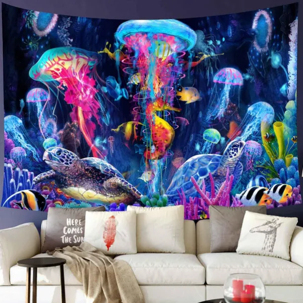 Blacklight Tapestry UV Reactive Glow in the Dark Glow Party Neon Jellyfish Marine Psychedelic Trippy Misty Hanging Tapestry Wall Art Mural for Living Room Bedroom