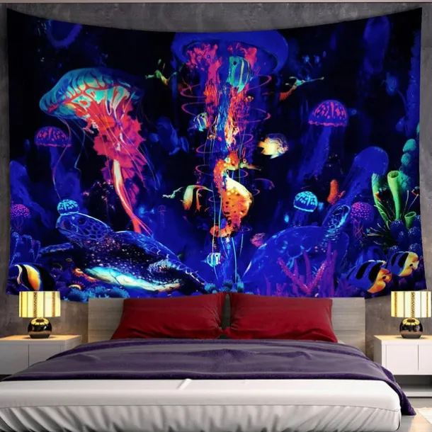 Blacklight Tapestry UV Reactive Glow in the Dark Glow Party Neon Jellyfish Marine Psychedelic Trippy Misty Hanging Tapestry Wall Art Mural for Living Room Bedroom
