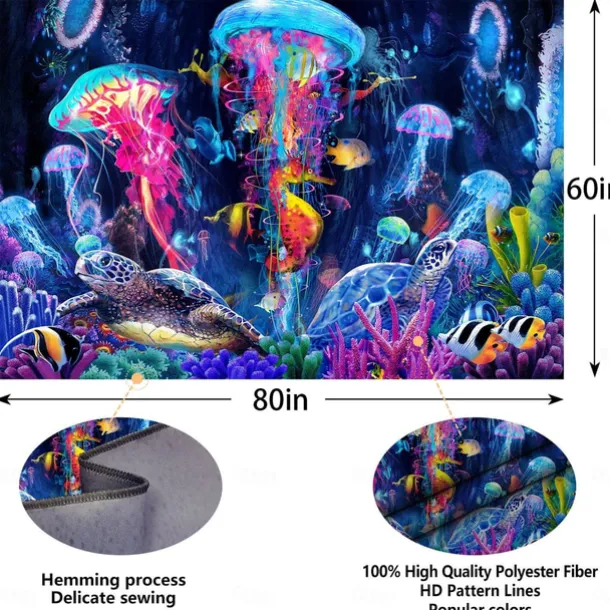 Blacklight Tapestry UV Reactive Glow in the Dark Glow Party Neon Jellyfish Marine Psychedelic Trippy Misty Hanging Tapestry Wall Art Mural for Living Room Bedroom