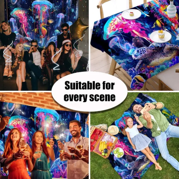 Blacklight Tapestry UV Reactive Glow in the Dark Glow Party Neon Jellyfish Marine Psychedelic Trippy Misty Hanging Tapestry Wall Art Mural for Living Room Bedroom