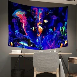 Blacklight Tapestry UV Reactive Glow in the Dark Glow Party Neon Jellyfish Marine Psychedelic Trippy Misty Hanging Tapestry Wall Art Mural for Living Room Bedroom