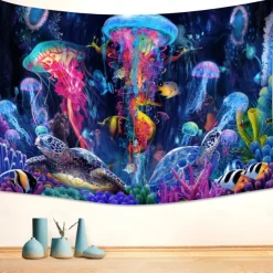 Blacklight Tapestry UV Reactive Glow in the Dark Glow Party Neon Jellyfish Marine Psychedelic Trippy Misty Hanging Tapestry Wall Art Mural for Living Room Bedroom