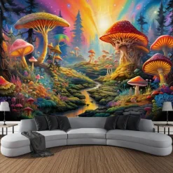 Blacklight Tapestry UV Reactive Glow in the Dark Glow Party Neon Mushroom Pathway Landscape Psychedelic Trippy Misty Hanging Tapestry Wall Art Mural for Living