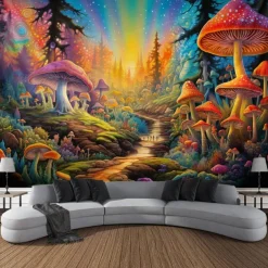 Blacklight Tapestry UV Reactive Glow in the Dark Glow Party Neon Mushroom Pathway Landscape Psychedelic Trippy Misty Hanging Tapestry Wall Art Mural for Living