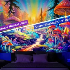 Blacklight Tapestry UV Reactive Glow in the Dark Glow Party Neon Mushroom Pathway Landscape Psychedelic Trippy Misty Hanging Tapestry Wall Art Mural for Living