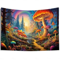 Blacklight Tapestry UV Reactive Glow in the Dark Glow Party Neon Mushroom Pathway Landscape Psychedelic Trippy Misty Hanging Tapestry Wall Art Mural for Living