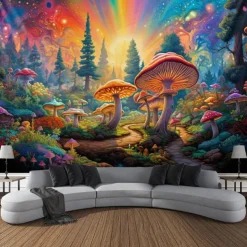 Blacklight Tapestry UV Reactive Glow in the Dark Glow Party Neon Mushroom Pathway Landscape Psychedelic Trippy Misty Hanging Tapestry Wall Art Mural for Living