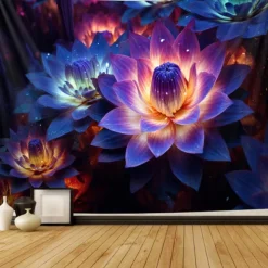 Blacklight Tapestry UV Reactive Glow in the Dark Glow Party Neon Lotus Flower Nature Psychedelic Trippy Misty Hanging Tapestry Wall Art Mural for Living