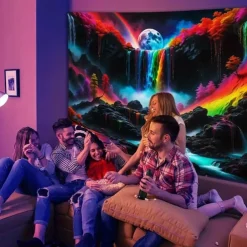 Blacklight Tapestry UV Reactive Glow in the Dark Glow Party Neon Magic Waterfall Psychedelic Trippy Misty Hanging Tapestry Wall Art Mural for Living Room Bedroom