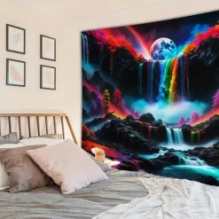Blacklight Tapestry UV Reactive Glow in the Dark Glow Party Neon Magic Waterfall Psychedelic Trippy Misty Hanging Tapestry Wall Art Mural for Living Room Bedroom