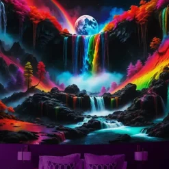 Blacklight Tapestry UV Reactive Glow in the Dark Glow Party Neon Magic Waterfall Psychedelic Trippy Misty Hanging Tapestry Wall Art Mural for Living Room Bedroom
