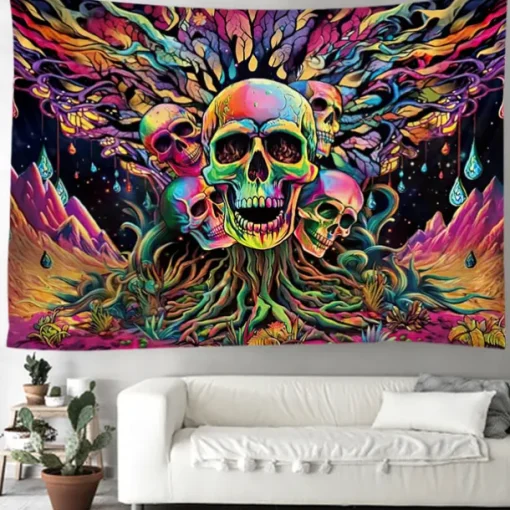 Blacklight Tapestry UV Reactive Glow in the Dark Glow Party Skulls Psychedelic Trippy Misty Hanging Tapestry Wall Art Mural for Living Room Bedroom