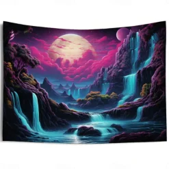 Blacklight Tapestry UV Reactive Glow in the Dark Glow Party Neon Wonderland Waterfall Psychedelic Trippy Misty Hanging Tapestry Wall Art Mural for Living Room Bedroom