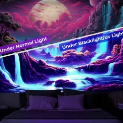 Blacklight Tapestry UV Reactive Glow in the Dark Glow Party Neon Wonderland Waterfall Psychedelic Trippy Misty Hanging Tapestry Wall Art Mural for Living Room Bedroom