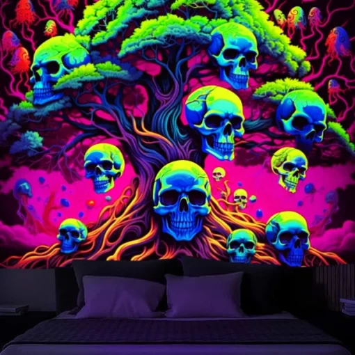 Blacklight Tapestry UV Reactive Glow in the Dark Tree of Skulls Trippy Mountain Misty Hanging Tapestry Wall Art Mural for Living Room Bedroom