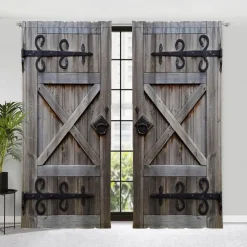 Blackout Curtain Drapes Farmhouse Grommet/Eyelet Barn Wood Door Curtain Panels For Living Room Bedroom Door Kitchen Window Treatments Thermal Insulated Room Darkening