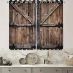 Blackout Curtain Drapes Farmhouse Grommet/Eyelet Barn Wood Door Curtain Panels For Living Room Bedroom Door Kitchen Window Treatments Thermal Insulated Room Darkening