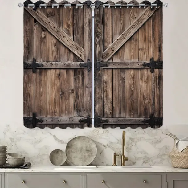 Blackout Curtain Drapes Farmhouse Grommet/Eyelet Barn Wood Door Curtain Panels For Living Room Bedroom Door Kitchen Window Treatments Thermal Insulated Room Darkening