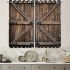 Blackout Curtain Drapes Farmhouse Grommet/Eyelet Barn Wood Door Curtain Panels For Living Room Bedroom Door Kitchen Window Treatments Thermal Insulated Room Darkening