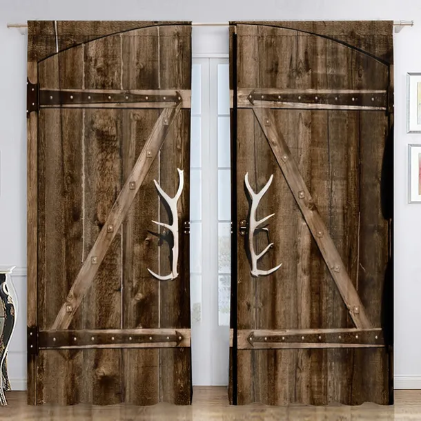 Blackout Curtain Drapes Farmhouse Grommet/Eyelet Barn Wood Door Curtain Panels For Living Room Bedroom Door Kitchen Window Treatments Thermal Insulated Room Darkening