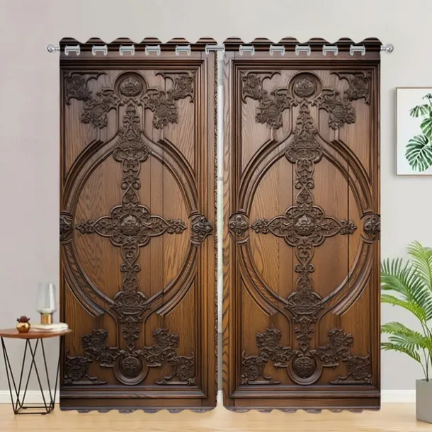 Blackout Curtain Drapes Farmhouse Grommet/Eyelet Barn Wood Door Curtain Panels For Living Room Bedroom Door Kitchen Window Treatments Thermal Insulated Room Darkening