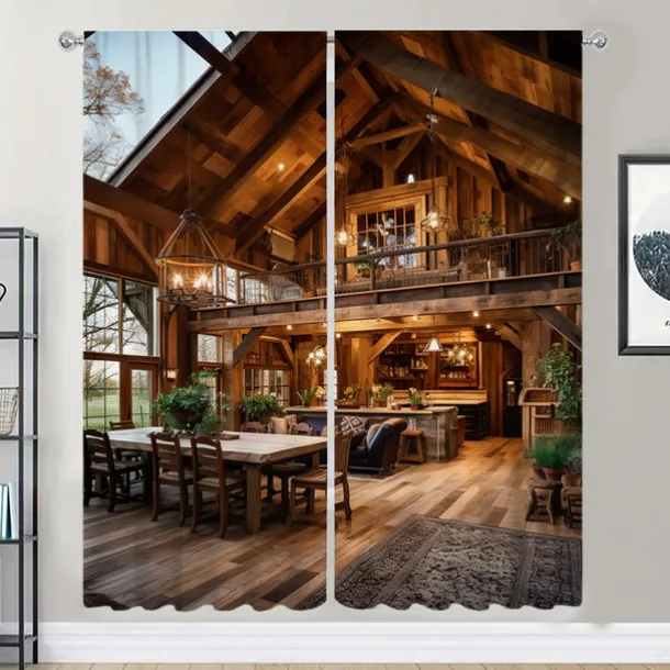 Blackout Curtain Drapes Farmhouse Grommet/Eyelet Barn Wood Door Curtain Panels For Living Room Bedroom Door Kitchen Window Treatments Thermal Insulated Room Darkening