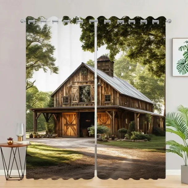 Blackout Curtain Drapes Farmhouse Grommet/Eyelet Barn Wood Door Curtain Panels For Living Room Bedroom Door Kitchen Window Treatments Thermal Insulated Room Darkening