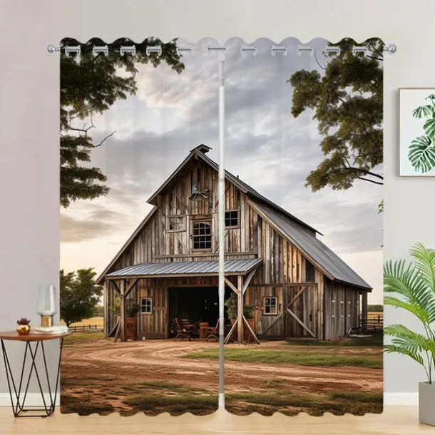 Blackout Curtain Drapes Farmhouse Grommet/Eyelet Barn Wood Door Curtain Panels For Living Room Bedroom Door Kitchen Window Treatments Thermal Insulated Room Darkening