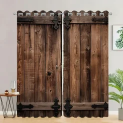 Blackout Curtain Drapes Farmhouse Grommet/Eyelet Barn Wood Door Curtain Panels For Living Room Bedroom Door Kitchen Window Treatments Thermal Insulated Room Darkening