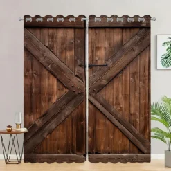 Blackout Curtain Drapes Farmhouse Grommet/Eyelet Barn Wood Door Curtain Panels For Living Room Bedroom Door Kitchen Window Treatments Thermal Insulated Room Darkening